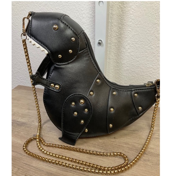 T-Rex Dinosaur Crossbody Bag with Gold Chain – Black Studded Novelty Purse - Picture 1 of 15